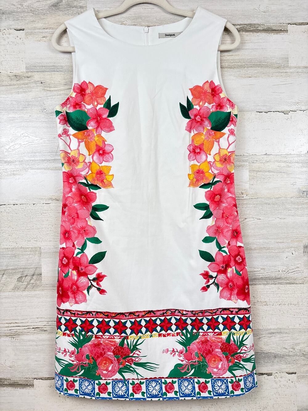 Desigual Womens S/M White Multi Floral Mini Shift Dress Designer